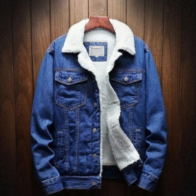 Blue Solid Fur Denim Jacket For Men By Wraon