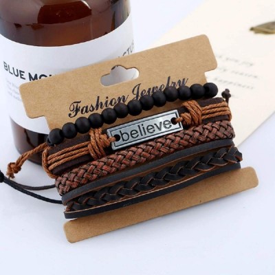 University Trendz Natural Stone Beads Inspirational Believe Words Metal Genuine Leather Bracelet for Men Casual Wear(Set of 4