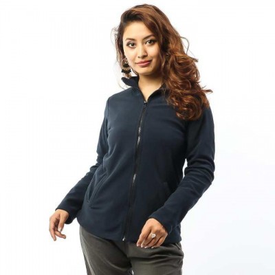 Navy Blue Front Zippered Polar Fleece Jacket For Women