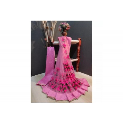Light Pink soft Net Floral Embroidered Saree With Unstitched Blouse For Women