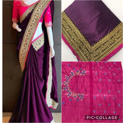 SAMA CORIAN SILK With Heavy Embrodery Lace Border Saree (Purple Color)