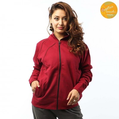 Red Front Zippered Cotton Fleece Jacket