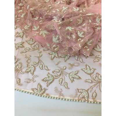 Light Pink Net Stone And Pearl Embroidered Dupatta For Women