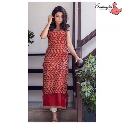 Red Double Layer Kurti With Golden Jari Work