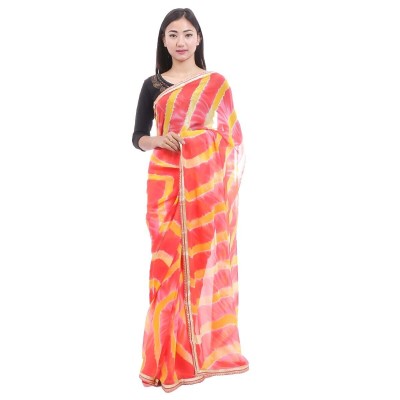 Orange Chiffon Abstract Printed Saree with Unstitched Blouse For Women