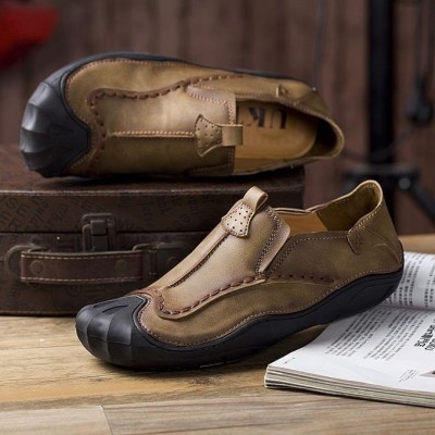 Fashion Men Genuine Leather Hand Stitching Slip On Soft Outdoor Casual Flats Loafers Shoes