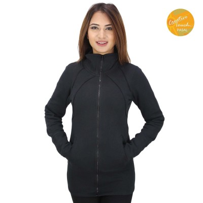 Black Zippered Inner Fleece Jacket For Women