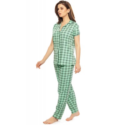 ZEYO Women's Cotton Flamingo Peach & Green Checks Printed Night Suit