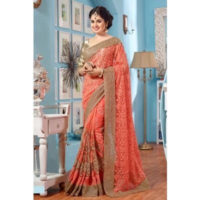 Heavy Embroidery Net Party Wear Designer Saree Pink Color