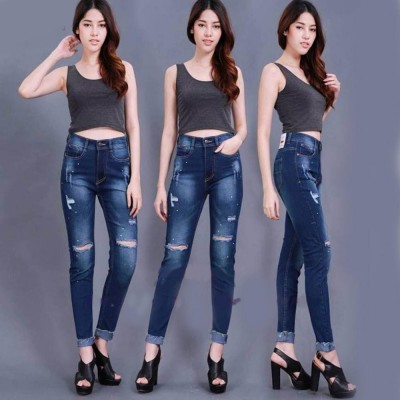 Navy Blue Knee Cut Jeans For Women - 4S